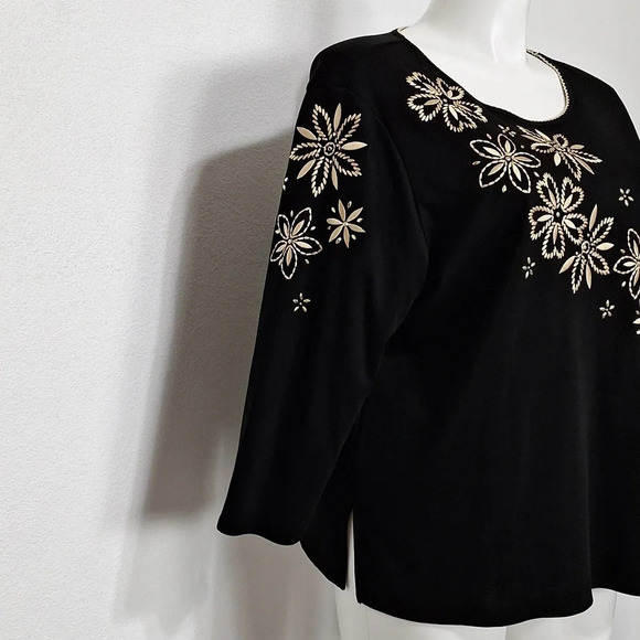 Alfred Dunner Black & Gold Spontaneous Flower Embroidery Crew Neck Top Size XL - Picture 7 of 13